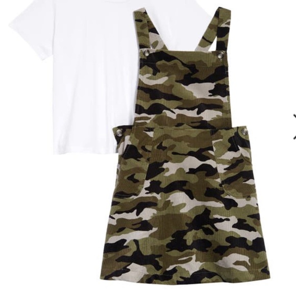 WALKING ON SUNSHINE KIDS' CORDUROY PINAFORE & TEE SET IN CAMO W WHITE TEE - Picture 2 of 3
